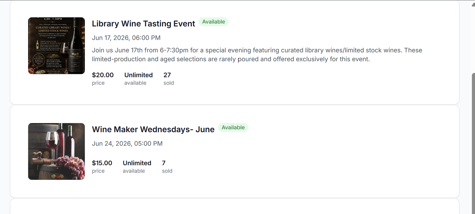 Events are grouped into cards, showing at-a-glance tickets sold for easy viewing.