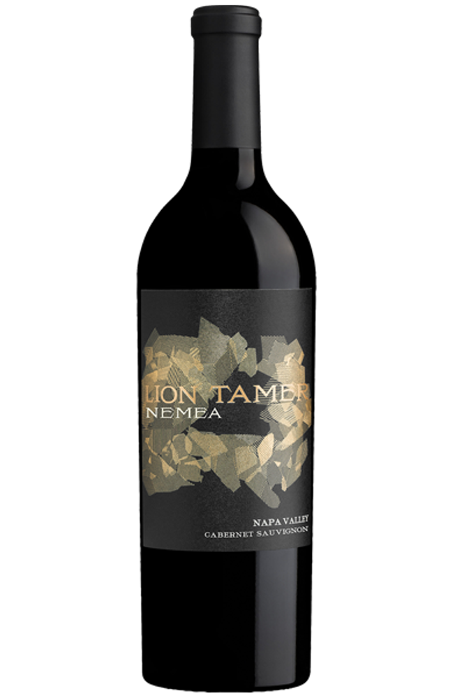 Lion Tamer Nemea Cabernet Sauvignon bottle, Napa Valley wine label with gold accents.