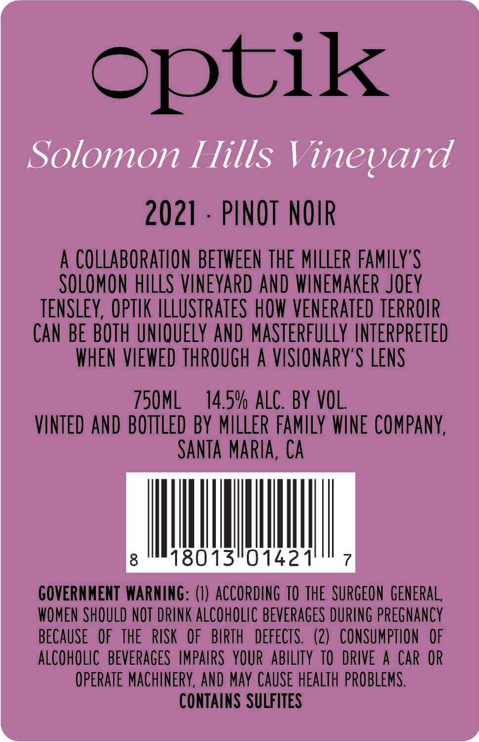 2021 Optik Pinot Noir, Solomon Hills Vineyard