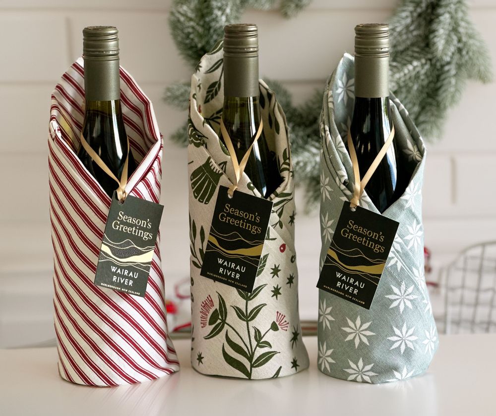 Sauvignon Blanc in a festive tea towel