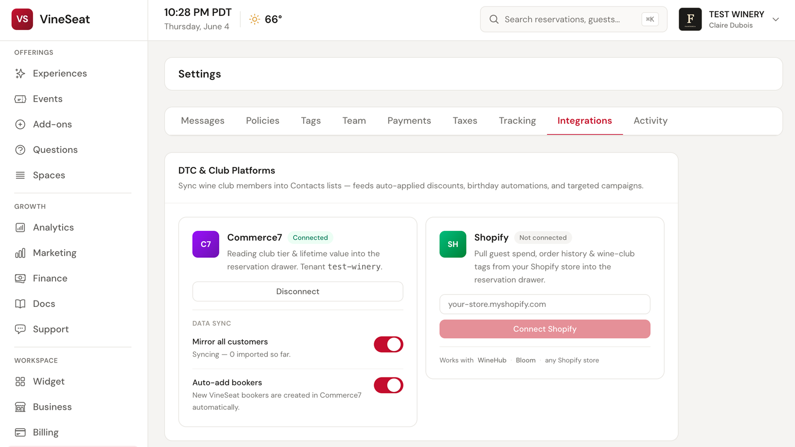 Connecting VineSeat and Commerce7 is quick and easy, and includes enhanced two-day integration functionality.