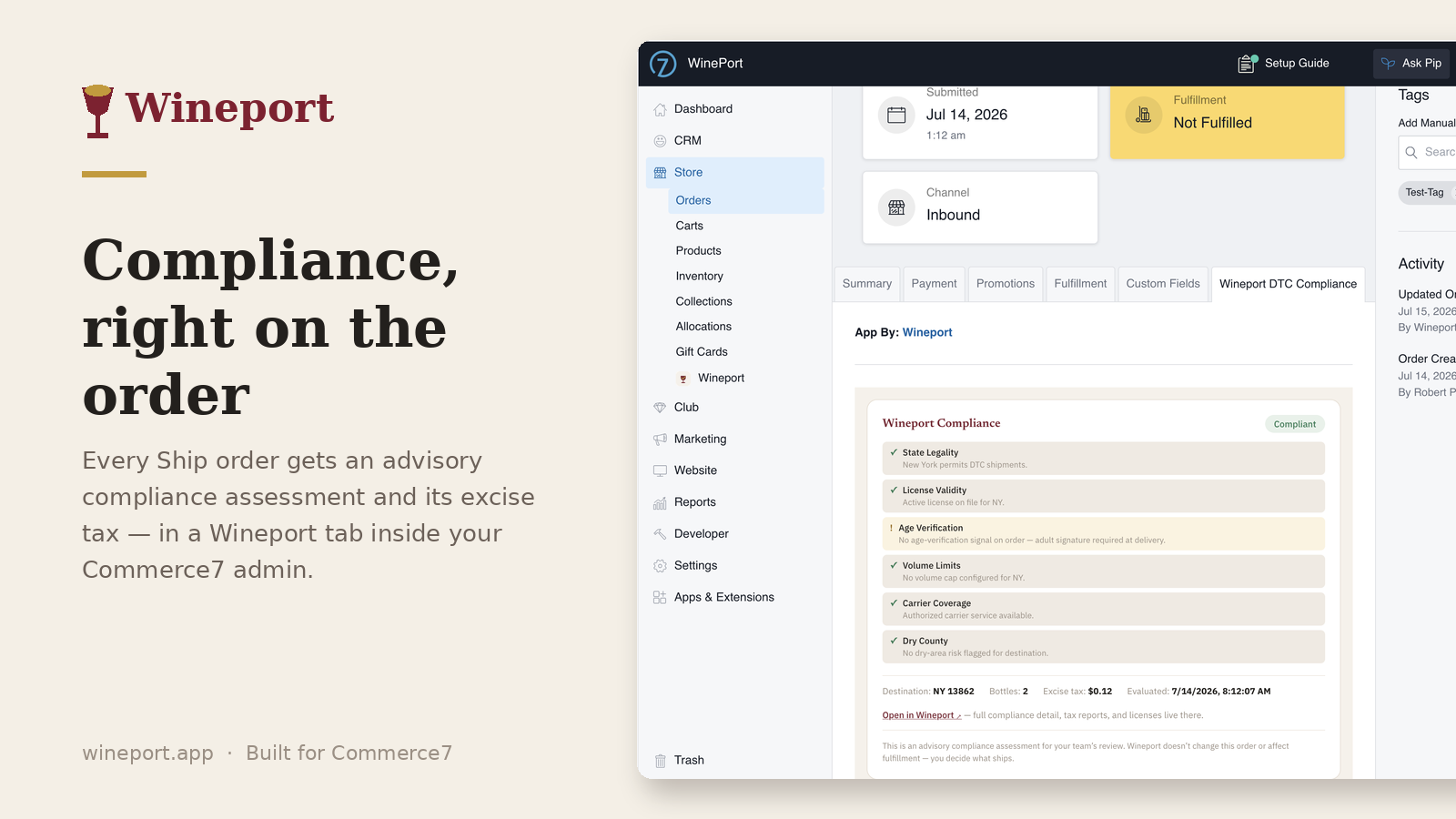 Wineport DTC Compliance tab open on a Commerce7 order, showing an advisory assessment — State Legality, License Validity, Age Verification, Volume Limits, Carrier Coverage, and Dry County — with the order's excise tax and a note that Wineport doesn't affect fulfillment.