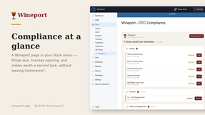 The Wineport page in the Commerce7 Store menu: a compliance workspace listing excise filings due, an expiring license, and orders worth reviewing
