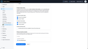 Product syncing. Control which statuses can be synced as well as the shared inventory location.